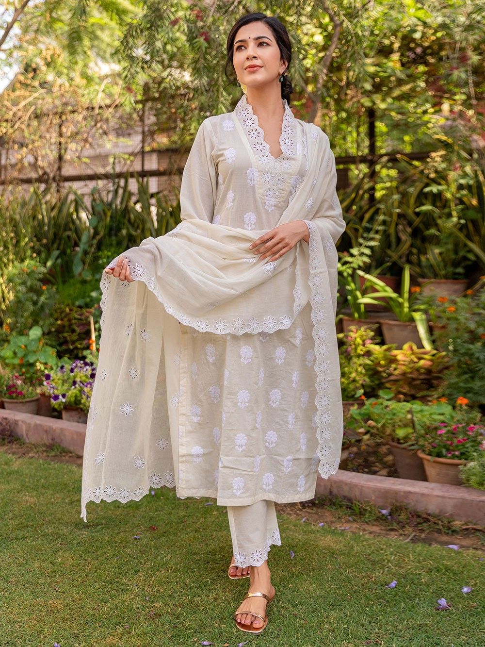 Ivory Cut Work Embroidered Cotton Suit with Mulmul Dupatta- Set of 3